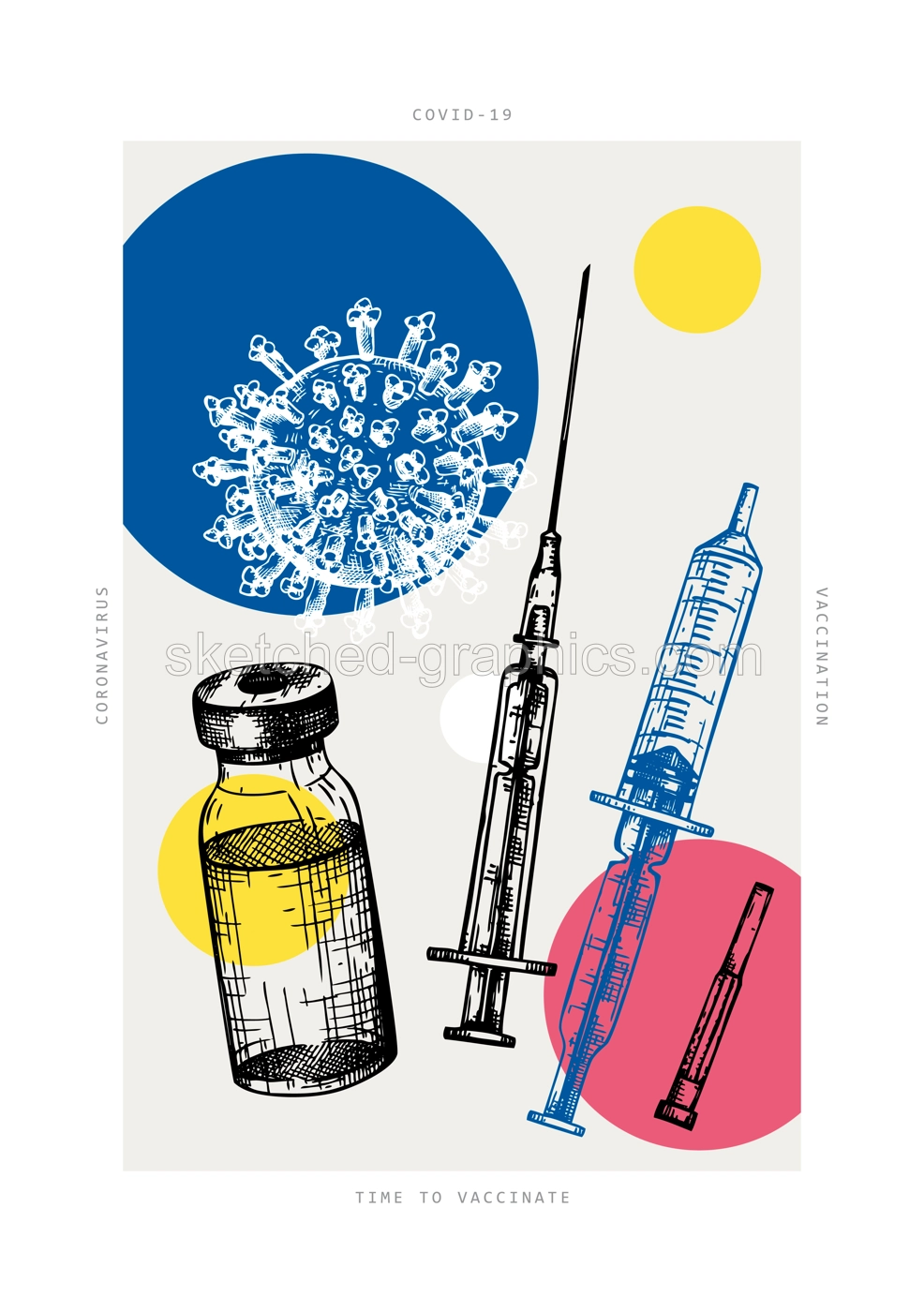 Coronavirus vaccination poster in collage style. Covid-19 corona virus vaccination with vaccine bottle, syringe injection tool sketches. Trendy engraved concept. Covid19 immunization treatment print Illustration